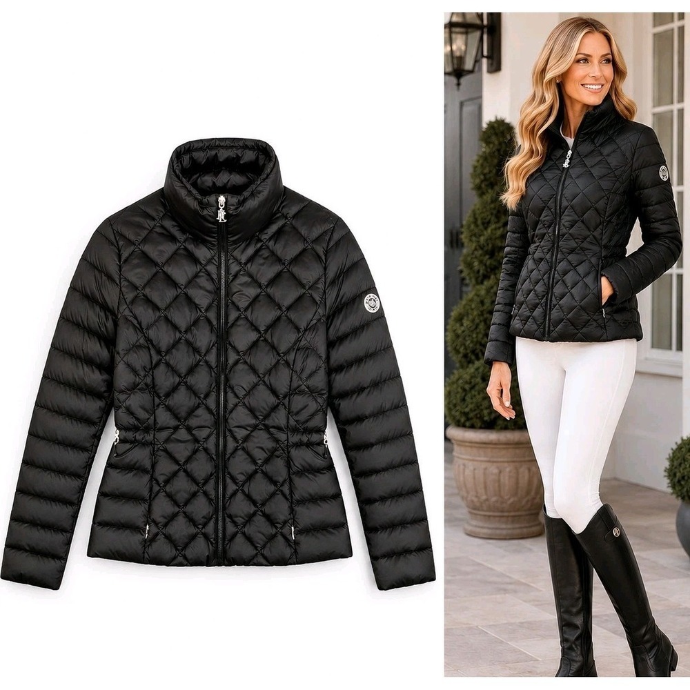 Lauren Ralph Lauren Down Puffer Jacket Womens S Black Diamond Quilted‎ Coat Logo